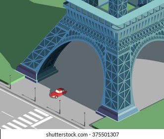 Eiffel tower and red car isometric