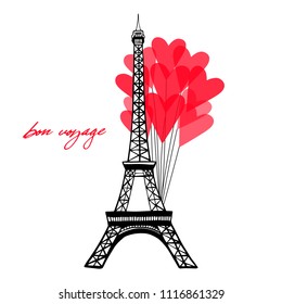 Eiffel tower and red cute heart balloons and text bon voyage. Eiffel Tower in Paris themed template vector illustration, hand drawn famous french landmark silhouette