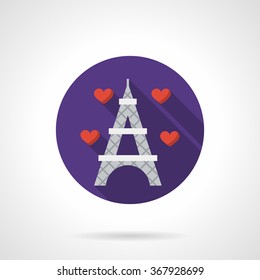 Eiffel Tower with red hearts around. Romantic trip. Honeymoon, wedding travel. Valentines Day series. Vector icon purple round flat style, long shadows. Element for web design, business, mobile app.