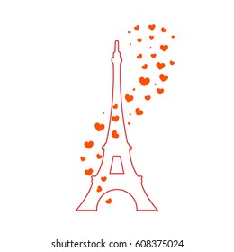 Eiffel Tower and red hearts. Vector illustration .