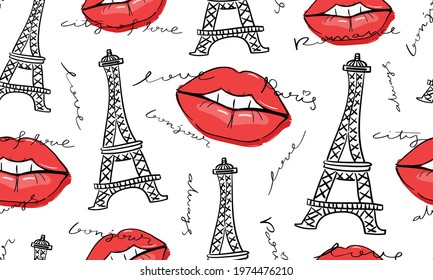 Eiffel Tower and red kiss lips seamless pattern texture background love and romance design for fashion graphics, textile prints, decors, wallpapers etc