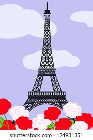 Eiffel tower with red and white roses