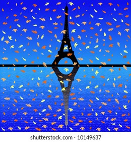 Eiffel tower reflected in autumn with falling leaves