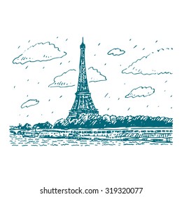 The Eiffel tower from the river Seine in Paris, France. Travel Paris icon. Vector hand drawn sketch.