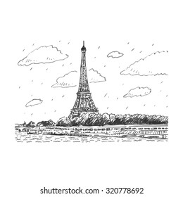 The Eiffel tower from the river Seine in Paris, France. Travel Paris icon. Vector hand drawn sketch.