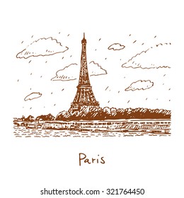 The Eiffel tower from the river Seine in Paris, France. Travel Paris icon. Vector hand drawn sketch.