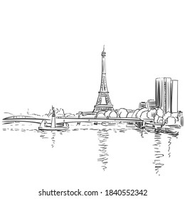 Eiffel Tower and river Seine vector sketch. Paris, France. Hand drawn vector illustration