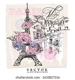 The Eiffel Tower. Romantic pink illustration of Paris. Retro postage stamps and labels. Pink flower illustration. Hand drawn vector sketch of Paris made in vintage style.
