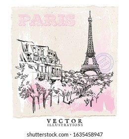 The Eiffel Tower. Romantic pink illustration of Paris. Cardboard texture. Retro postage stamps and labels. Pink flower illustration. Hand drawn vector sketch of Paris made in vintage style.