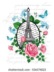 Eiffel tower with rose and buttefly vector art on white background