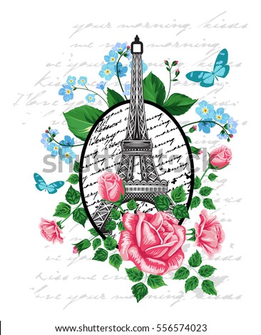Eiffel tower with rose and buttefly vector art on white background