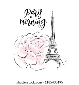 Eiffel Tower with rose flower vector illustration for card design. Romantic morning in Paris, France fashion sketch.