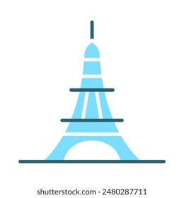 Eiffel Tower set icon. Blue tower, Paris landmark, French monument, architecture, travel, tourism, famous structure, cultural heritage.