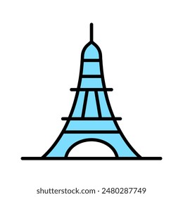 Eiffel Tower set icon. Blue tower, Paris landmark, French monument, architecture, travel, tourism, famous structure, cultural heritage.