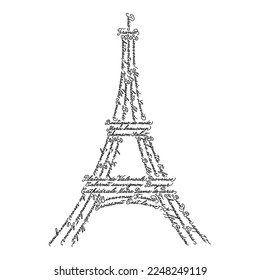 Eiffel Tower. The shape of the tower is filled with handwritten popular French phrases: Paris, welcome, thank you, boutique, hello, bye, bon appetit, cafe, sorry, love, croissant, baguette and others.