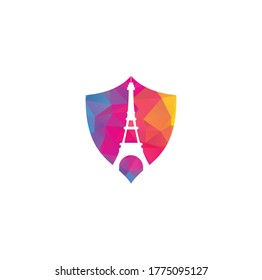 Eiffel tower shield shape concept logo design template. Paris logo design