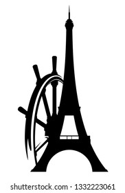 eiffel tower and ship steering wheel - black vector silhouette design for boat sightseeing tourism in Paris