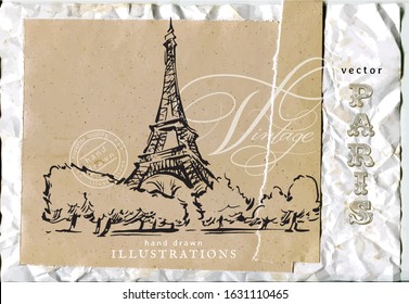 The Eiffel Tower and Siene River. Hand drawn vector illustration of Paris made in vintage style. Cardboard bacground. Retro style textures. Ink drawing. Scrapbooking. Paris wine and romance. 
