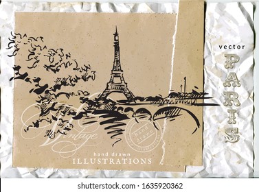 The Eiffel Tower and Siene River. Hand drawn vector illustration of Paris made in vintage style. Cardboard background. Retro style textures. Ink drawing. Scrapbooking. Paris wine and romance. 
