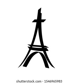 Eiffel tower sign. Black isolated silhouette on white background. Eiffel Tower as symbol of Paris and love. Template for t shirt, apparel, card, poster. Design flat element. Vector illustration.