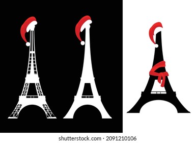 eiffel tower silhouette celebrating new year and christmas with santa claus red hat - winter holidays in Paris vector design set