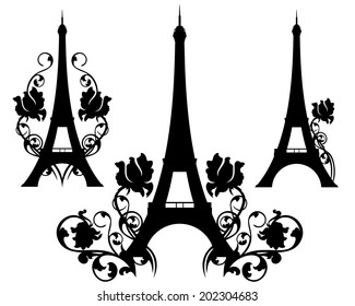 eiffel tower silhouette design set - symbol of Paris and France among rose flowers