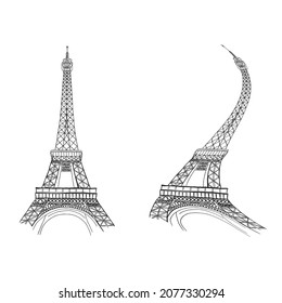 The Eiffel Tower silhouette. Famous architecture building in Paris, France. Hand drawn architecture sketch. Line art on white background