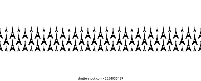 Eiffel Tower. Silhouette. Famous landmark of Paris. Seamless horizontal border. Repeating vector pattern. Isolated colorless background. Metal construction with a spire on the end. Idea for web design