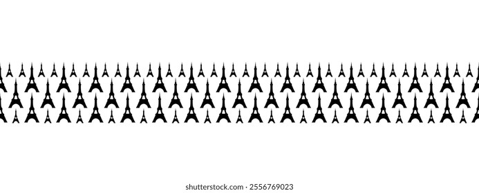 Eiffel Tower. Silhouette. Famous landmark of Paris. Seamless horizontal border. Repeating vector pattern. Isolated colorless background. Metal construction with a spire on the end. Idea for web design