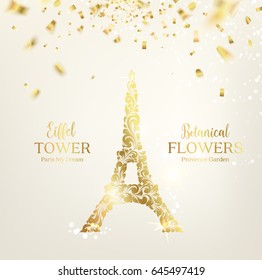 Eiffel tower silhouette with Golden confetti falls over gray background and sign Paris Eiffel Tower France. Vector illustration.