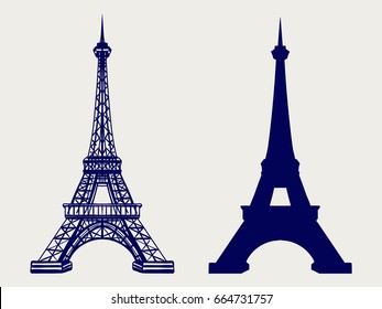 La silueta de la torre Eiffel y los iconos dibujados a mano. Símbolos vectores de París