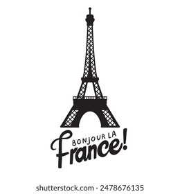 Eiffelturm-Silhouette und handgeschriebener Text Bonjour La France! Schwarz auf Weiß. Vektorillustration.