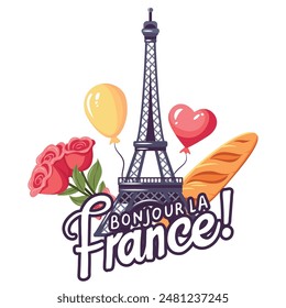 Eiffel Tower silhouette and handwritten text Bonjour La France! Balloons, baguette, bouquet of roses. Logo, postcard, vector illustration