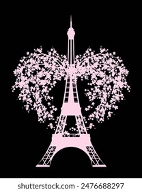 Eiffelturm Silhouette und Herzform Sakura Baum Blütenzweige Outline - Romantische Paris handgezeichnete florale Vektorgrafik Design