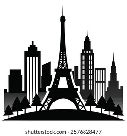 Eiffel Tower silhouette, iconic Parisian landmark, black and white illustration