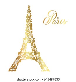 Eiffel tower silhouette made of golden swirls over gray background and sign Paris. Vector illustration.