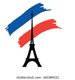 Eiffel tower silhouette on the background of the flag of France. Vector illustration