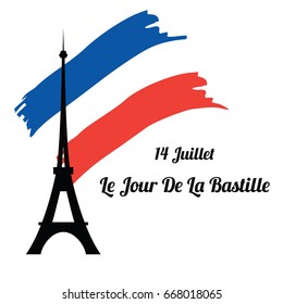 Eiffel tower silhouette on the background of the flag of France. The Bastille day. Vector illustration