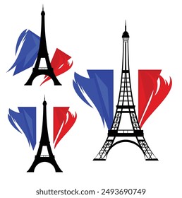 eiffel tower silhouette and outline against french flag of blue, white and red - tourism and sightseeing in france design set