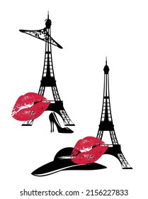 eiffel tower silhouette outline with luxurious fashion accessories and red lips kiss mark - haute couture Paris vector design set