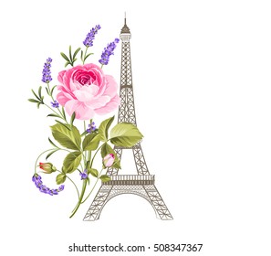 Eiffel tower simbol with blooming flowers. Vector illustration.