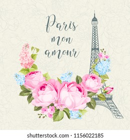 Eiffel tower simbol with spring blooming flowers over floral pattern with sign Paris mon amour. Vector illustration.