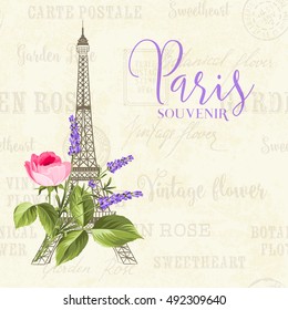 Eiffel tower simbol with spring blooming flowers over gray text pattern with sign Paris souvenir. Vector illustration.