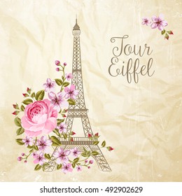 Eiffel tower simbol with spring blooming flowers over gray text pattern with sign Tour Eiffel. Vector illustration.