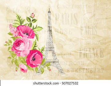 Eiffel tower simbol with spring blooming flowers over old paper text pattern with sign Paris souvenir. Vector illustration.