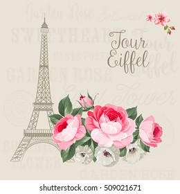 Eiffel tower simbol with spring blooming flowers over gray text pattern with sign Tour Eiffel. Vector illustration.
