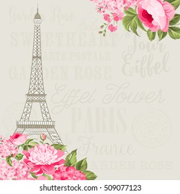 Eiffel tower simbol with spring blooming flowers over gray text pattern with sign Paris Eiffel Tower. Vector illustration.