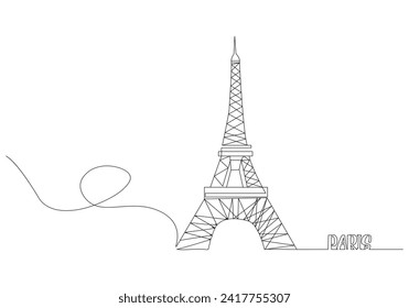 Dibujo de una sola línea de la Torre Eiffel. El concepto de postal de turismo y viajes de bienvenida. Ilustración de diseño de traza continua moderna
