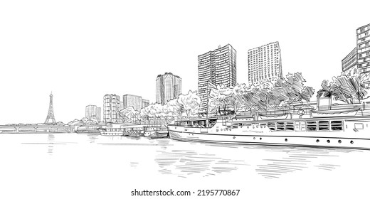 Eiffel Tower sketch drawing. Seine river. Paris, France. Hand drawn vector illustration