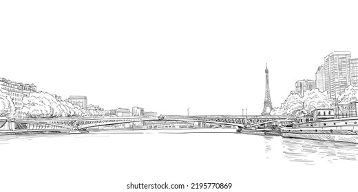 Eiffel Tower sketch drawing. Seine river. Paris, France. Hand drawn vector illustration